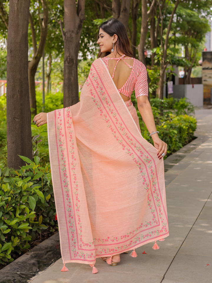 Peach Mul Cotton Saree for Women with Floral Printed Border & Tassels | Soft Breathable Daily, Office & Casual Wear Saree