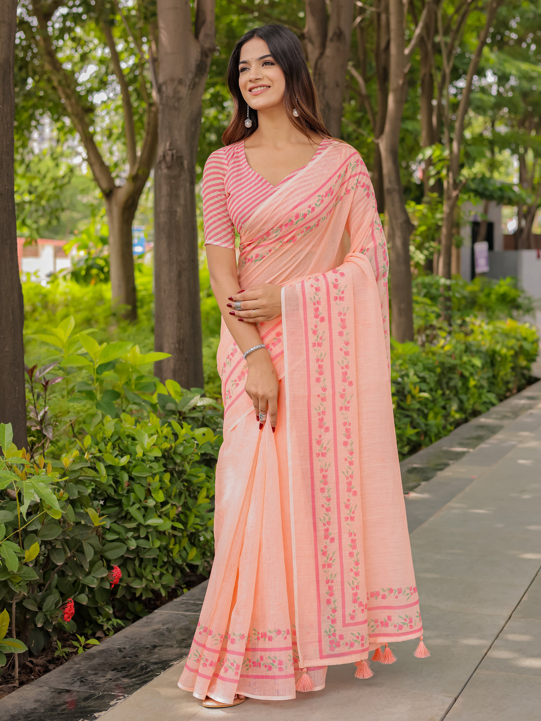 Peach Mul Cotton Saree for Women with Floral Printed Border & Tassels | Soft Breathable Daily, Office & Casual Wear Saree