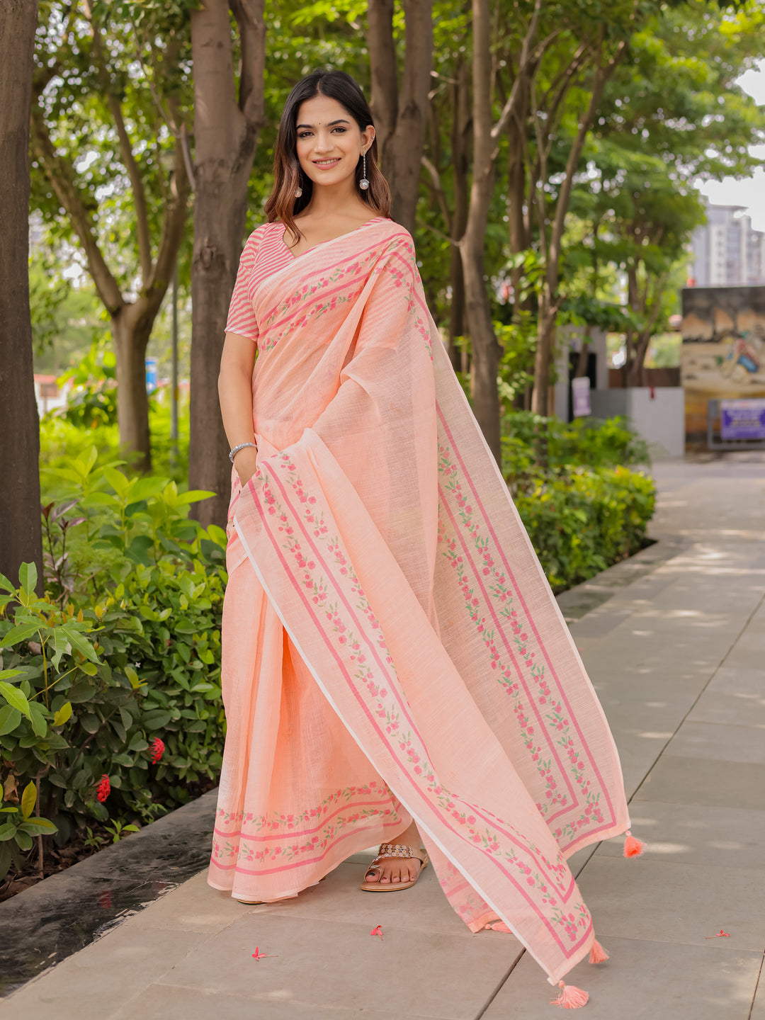 Peach Mul Cotton Saree for Women with Floral Printed Border & Tassels | Soft Breathable Daily, Office & Casual Wear Saree