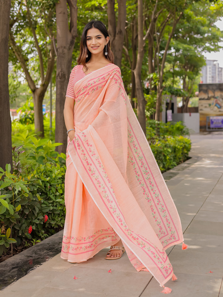 Peach Mul Cotton Saree for Women with Floral Printed Border & Tassels | Soft Breathable Daily, Office & Casual Wear Saree