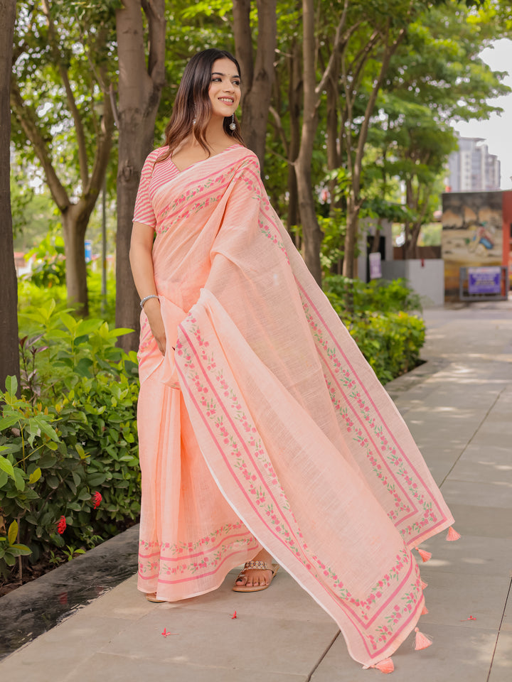 Peach Mul Cotton Saree for Women with Floral Printed Border & Tassels | Soft Breathable Daily, Office & Casual Wear Saree