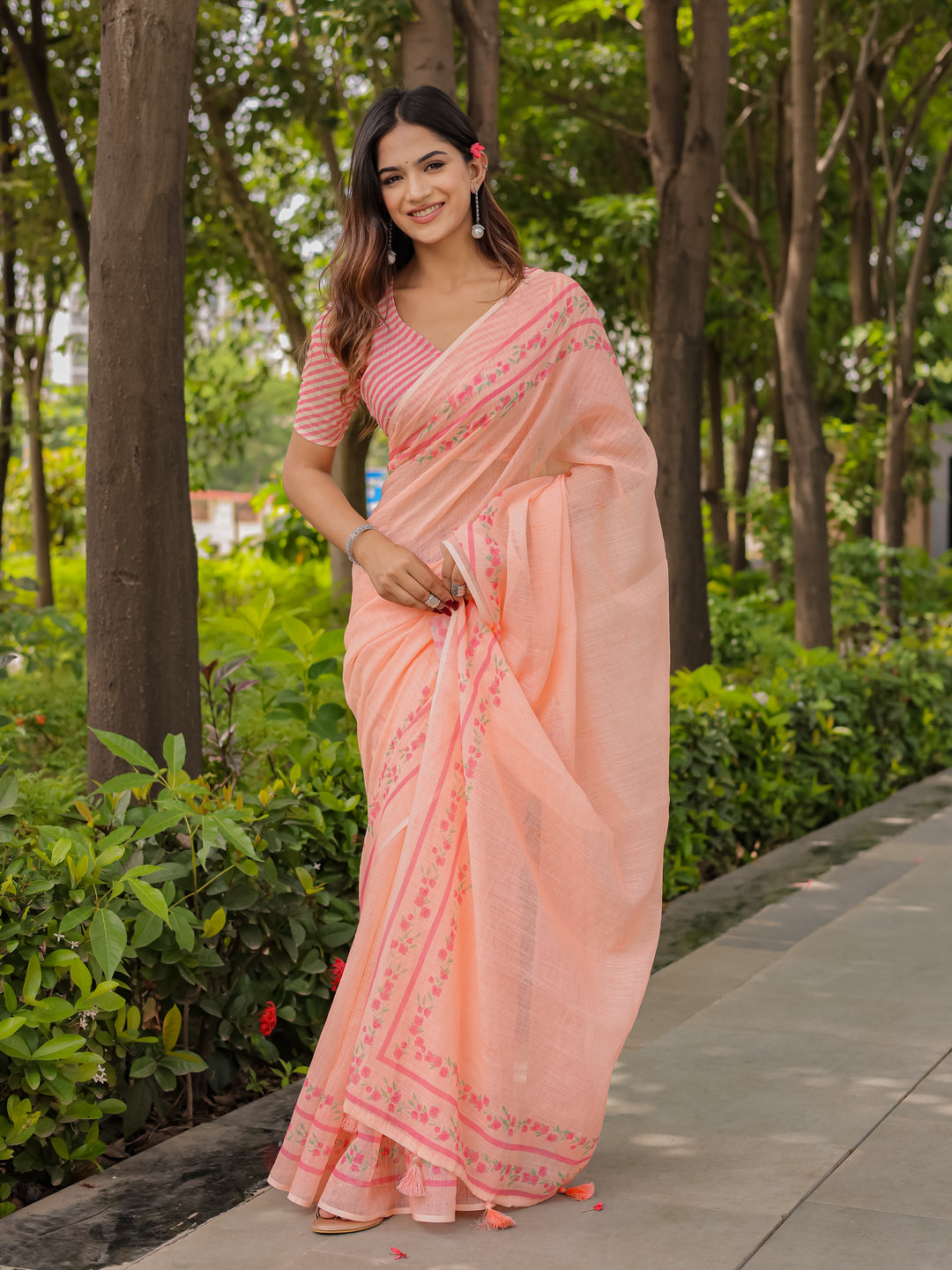 Peach Mul Cotton Saree for Women with Floral Printed Border & Tassels | Soft Breathable Daily, Office & Casual Wear Saree