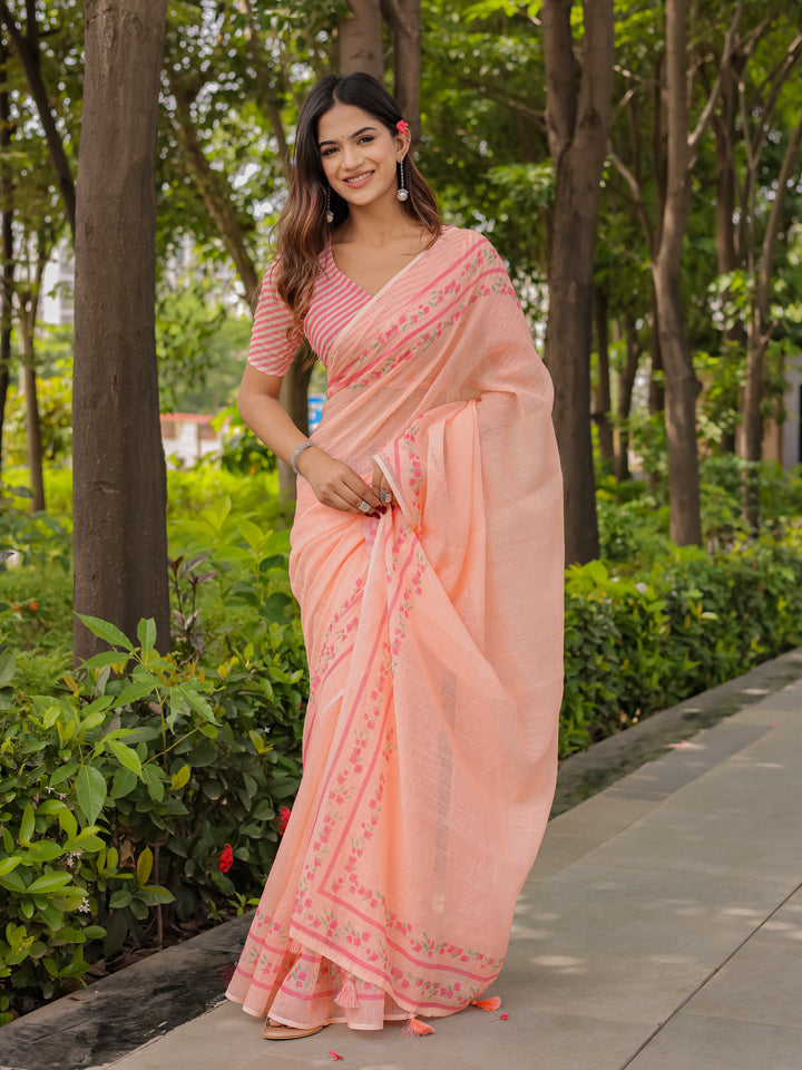 Peach Mul Cotton Saree for Women with Floral Printed Border & Tassels | Soft Breathable Daily, Office & Casual Wear Saree