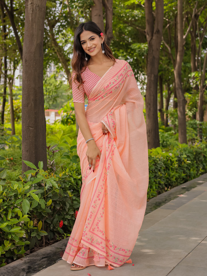 Peach Mul Cotton Saree for Women with Floral Printed Border & Tassels | Soft Breathable Daily, Office & Casual Wear Saree