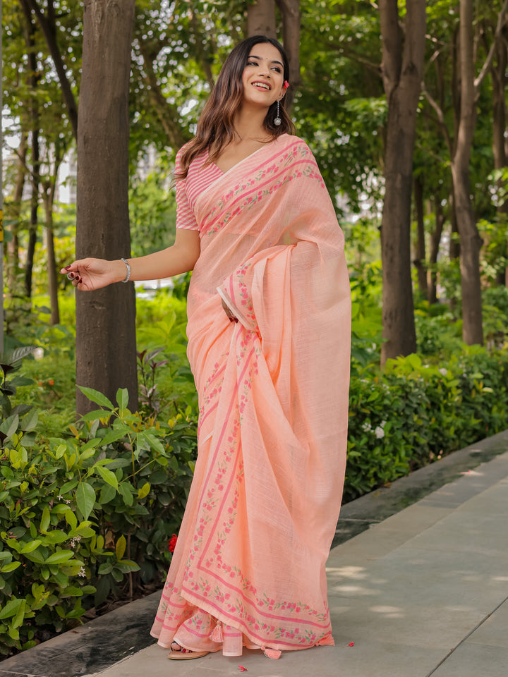 Peach Mul Cotton Saree for Women with Floral Printed Border & Tassels | Soft Breathable Daily, Office & Casual Wear Saree