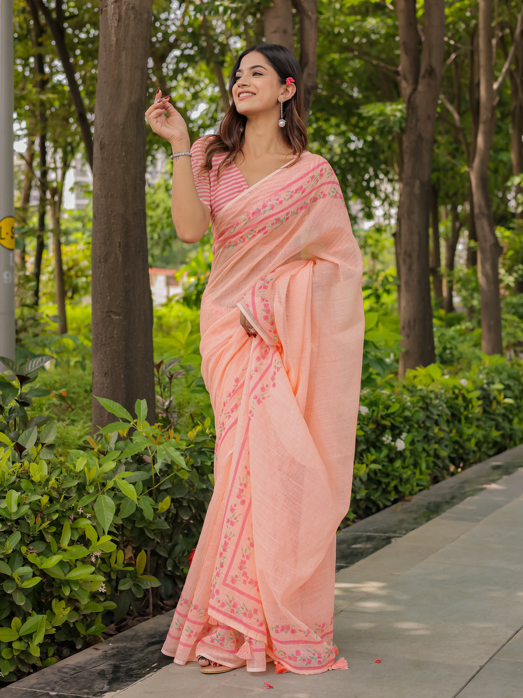 Peach Mul Cotton Saree for Women with Floral Printed Border & Tassels | Soft Breathable Daily, Office & Casual Wear Saree