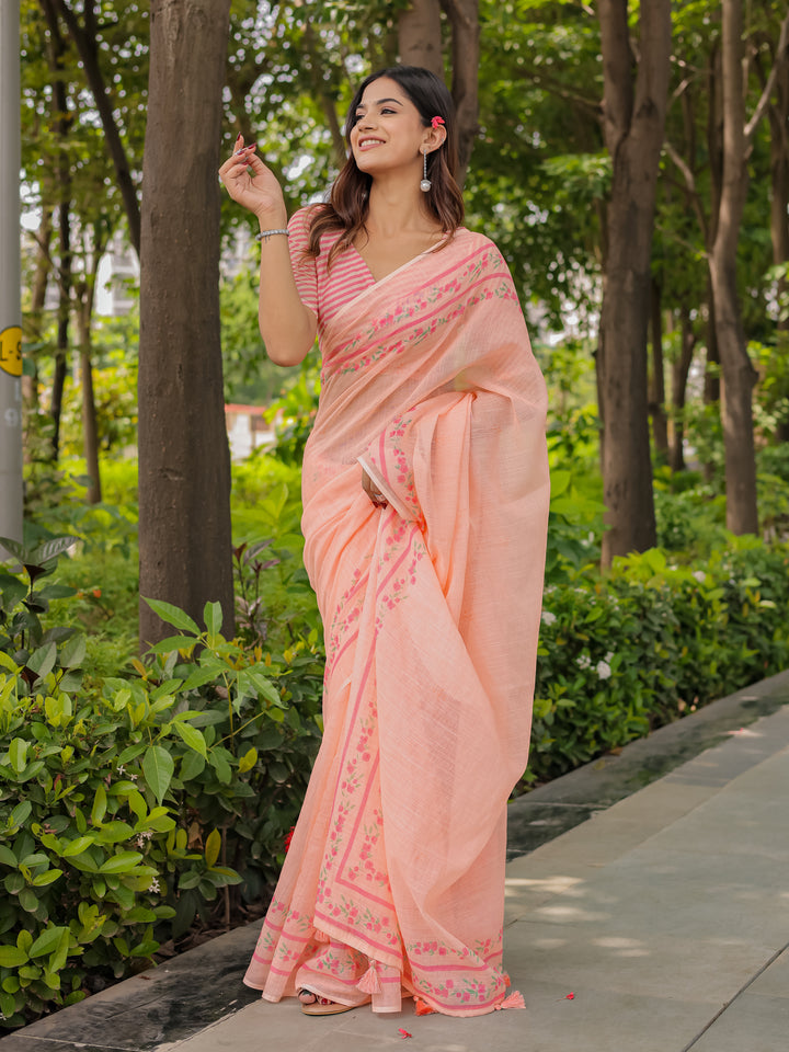 Peach Mul Cotton Saree for Women with Floral Printed Border & Tassels | Soft Breathable Daily, Office & Casual Wear Saree
