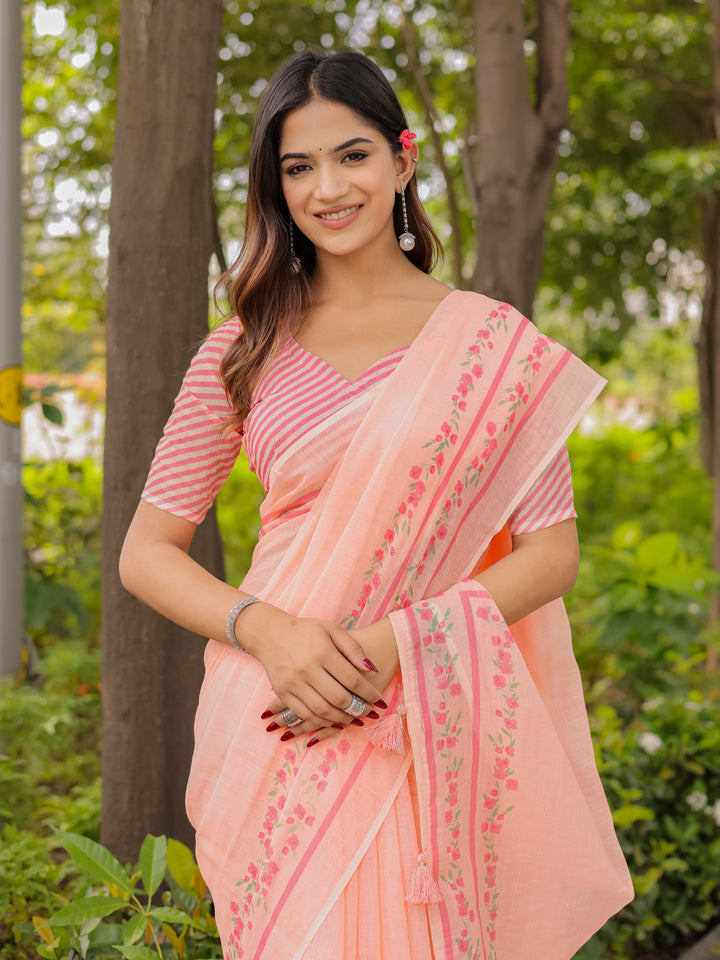 Peach Mul Cotton Saree for Women with Floral Printed Border & Tassels | Soft Breathable Daily, Office & Casual Wear Saree