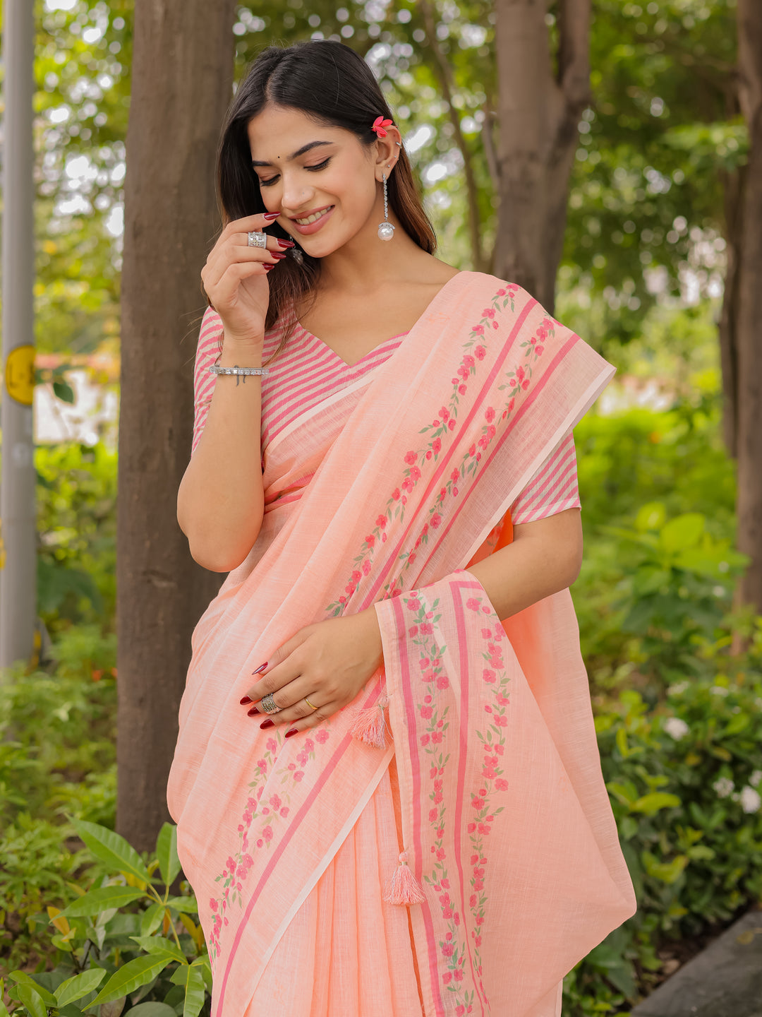 Peach Mul Cotton Saree for Women with Floral Printed Border & Tassels | Soft Breathable Daily, Office & Casual Wear Saree
