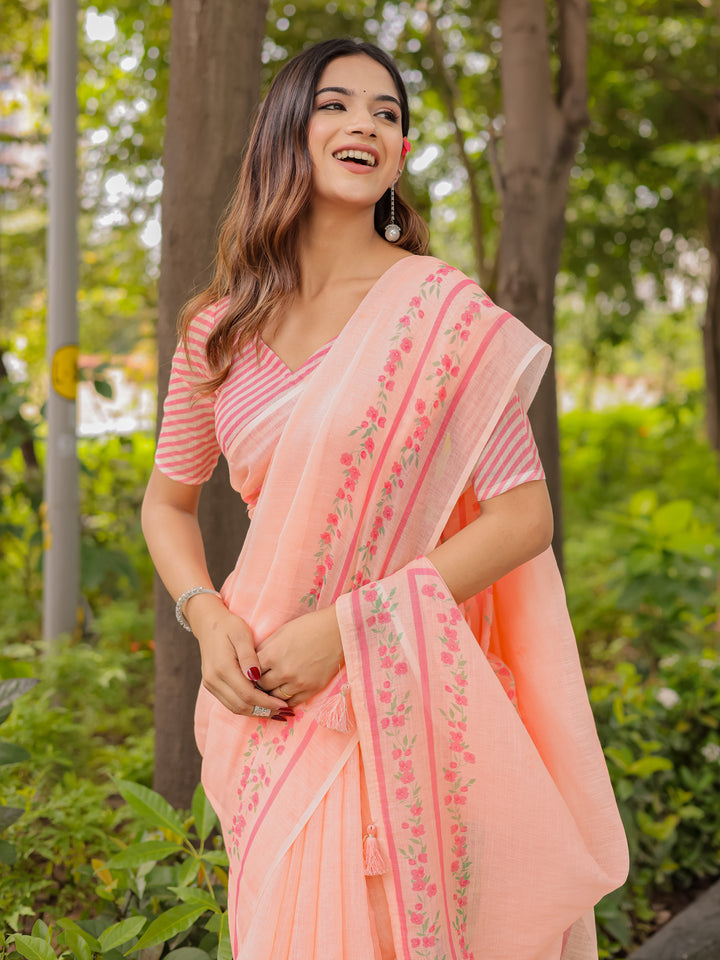 Peach Mul Cotton Saree for Women with Floral Printed Border & Tassels | Soft Breathable Daily, Office & Casual Wear Saree