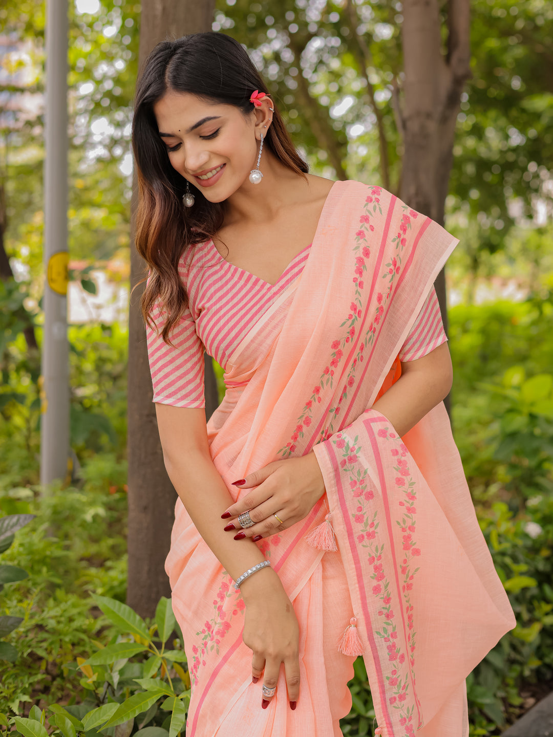 Peach Mul Cotton Saree for Women with Floral Printed Border & Tassels | Soft Breathable Daily, Office & Casual Wear Saree