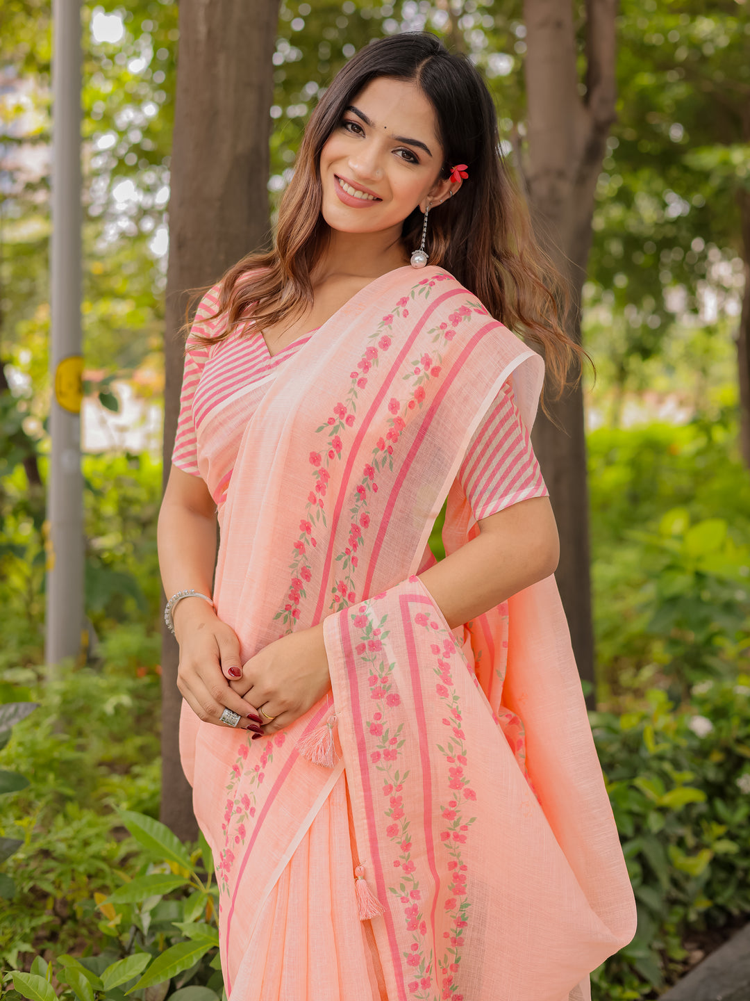 Peach Mul Cotton Saree for Women with Floral Printed Border & Tassels | Soft Breathable Daily, Office & Casual Wear Saree