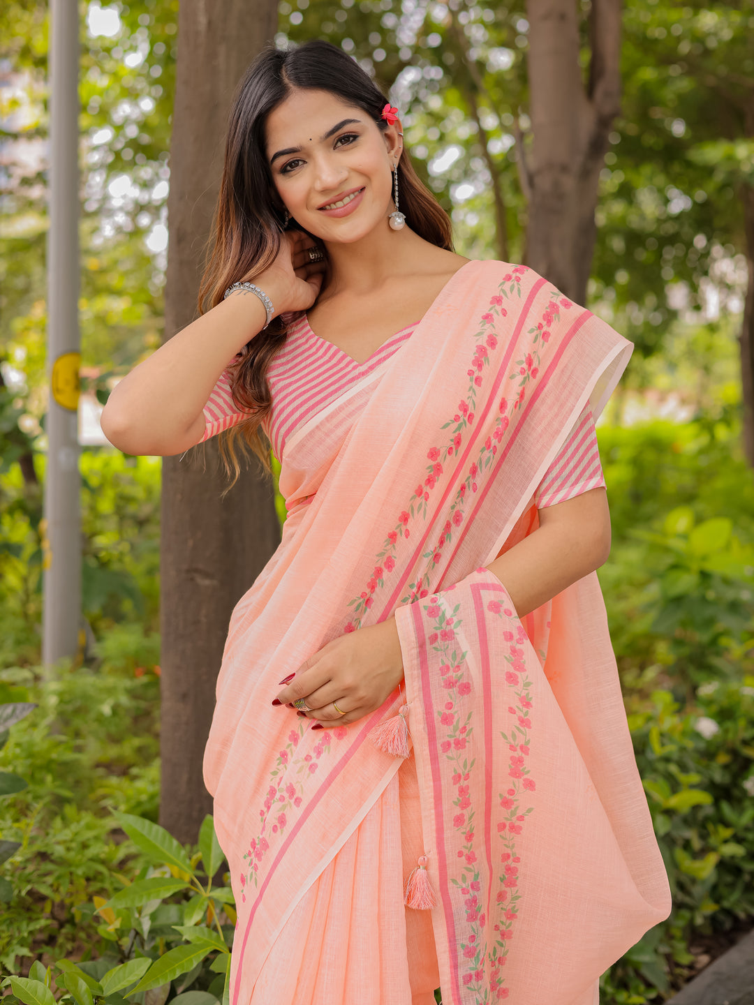 Peach Mul Cotton Saree for Women with Floral Printed Border & Tassels | Soft Breathable Daily, Office & Casual Wear Saree