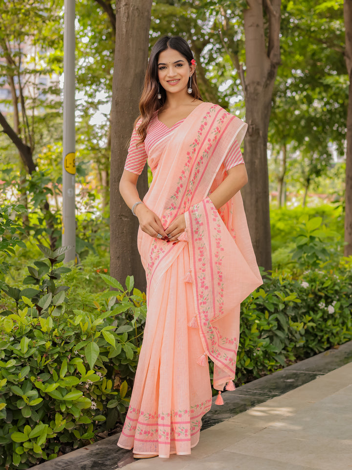 Peach Mul Cotton Saree for Women with Floral Printed Border & Tassels | Soft Breathable Daily, Office & Casual Wear Saree