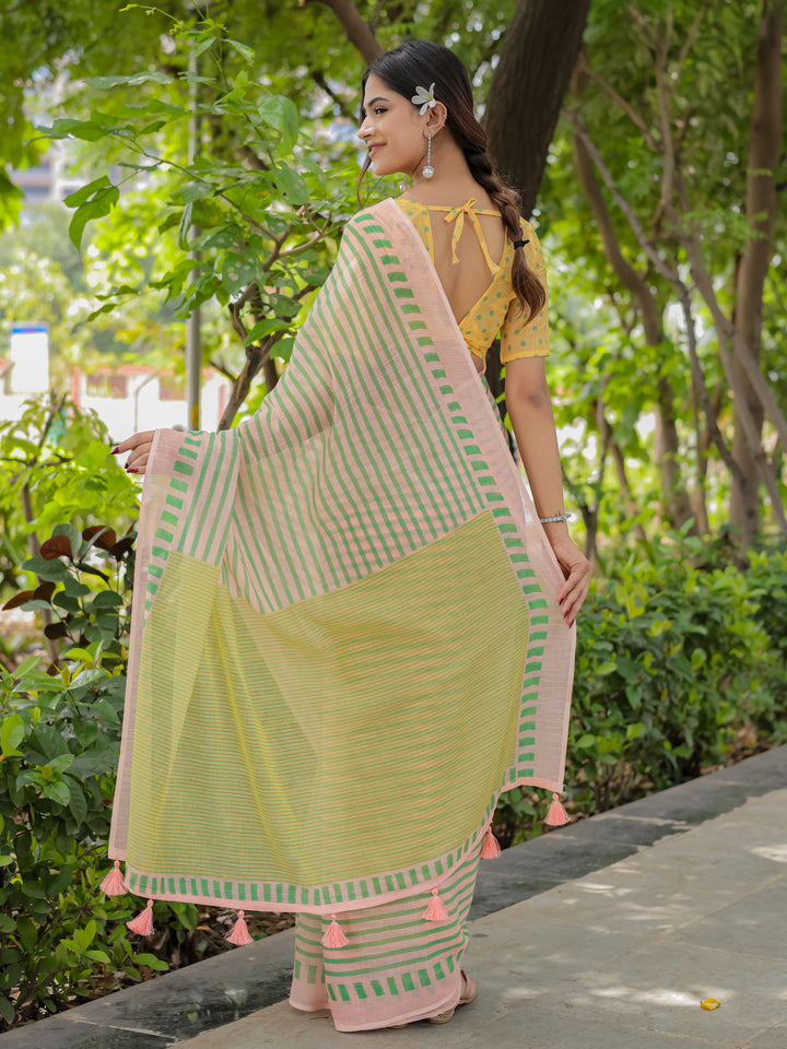 Pastel Pink Mul Cotton Striped Saree for Women with Green Border, Contrast Pallu & Tassels | Soft Breathable Daily Wear