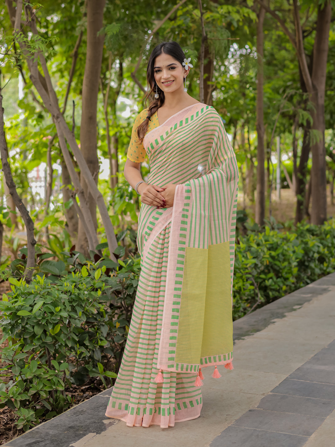 Pastel Pink Mul Cotton Striped Saree for Women with Green Border, Contrast Pallu & Tassels | Soft Breathable Daily Wear