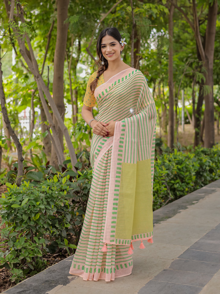 Pastel Pink Mul Cotton Striped Saree for Women with Green Border, Contrast Pallu & Tassels | Soft Breathable Daily Wear