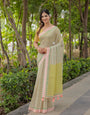 Pastel Pink Mul Cotton Striped Saree for Women with Green Border, Contrast Pallu & Tassels | Soft Breathable Daily Wear, Comes With Attached Blouse Piece