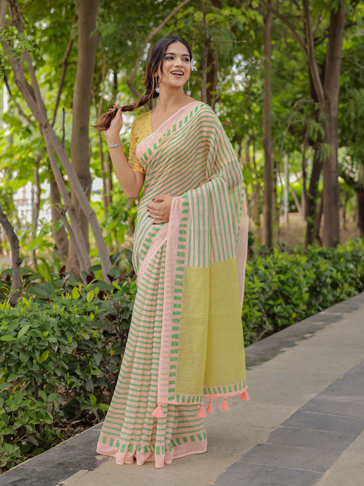 Pastel Pink Mul Cotton Striped Saree for Women with Green Border, Contrast Pallu & Tassels | Soft Breathable Daily Wear