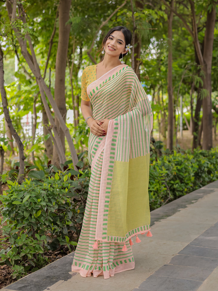 Pastel Pink Mul Cotton Striped Saree for Women with Green Border, Contrast Pallu & Tassels | Soft Breathable Daily Wear