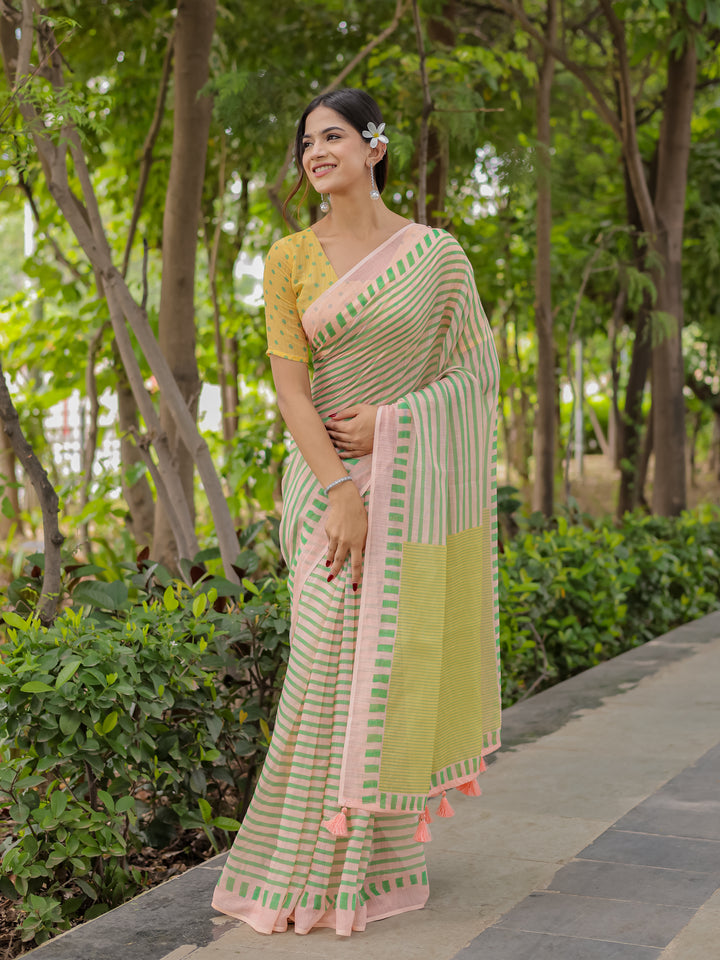 Pastel Pink Mul Cotton Striped Saree for Women with Green Border, Contrast Pallu & Tassels | Soft Breathable Daily Wear