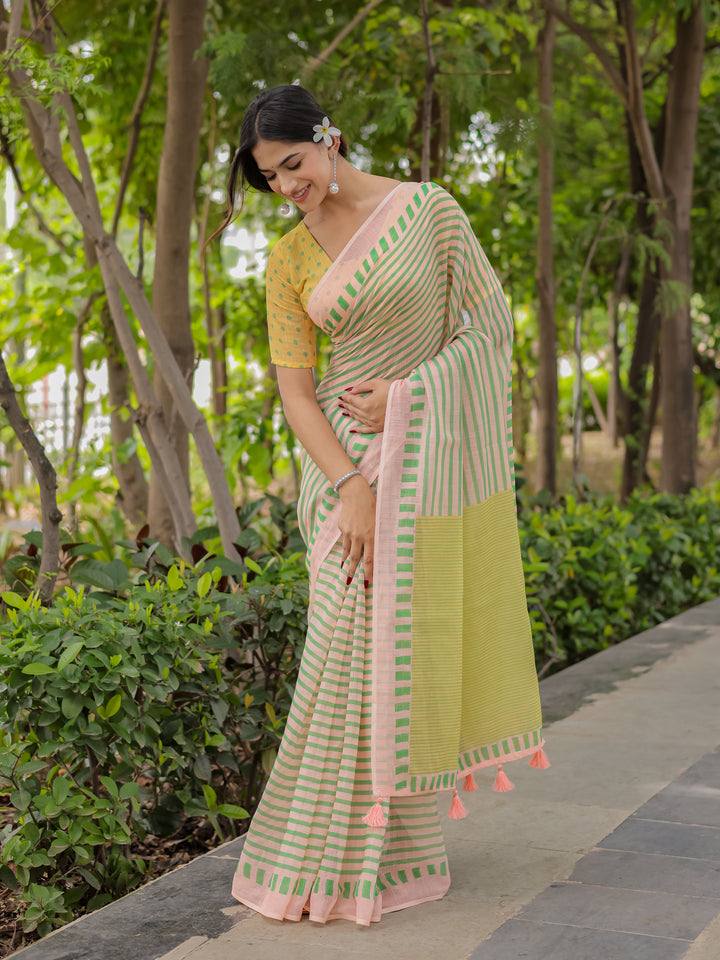 Pastel Pink Mul Cotton Striped Saree for Women with Green Border, Contrast Pallu & Tassels | Soft Breathable Daily Wear