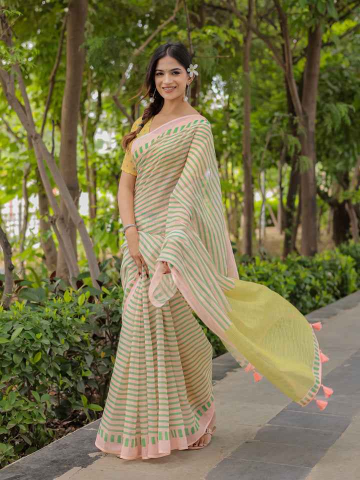 Pastel Pink Mul Cotton Striped Saree for Women with Green Border, Contrast Pallu & Tassels | Soft Breathable Daily Wear