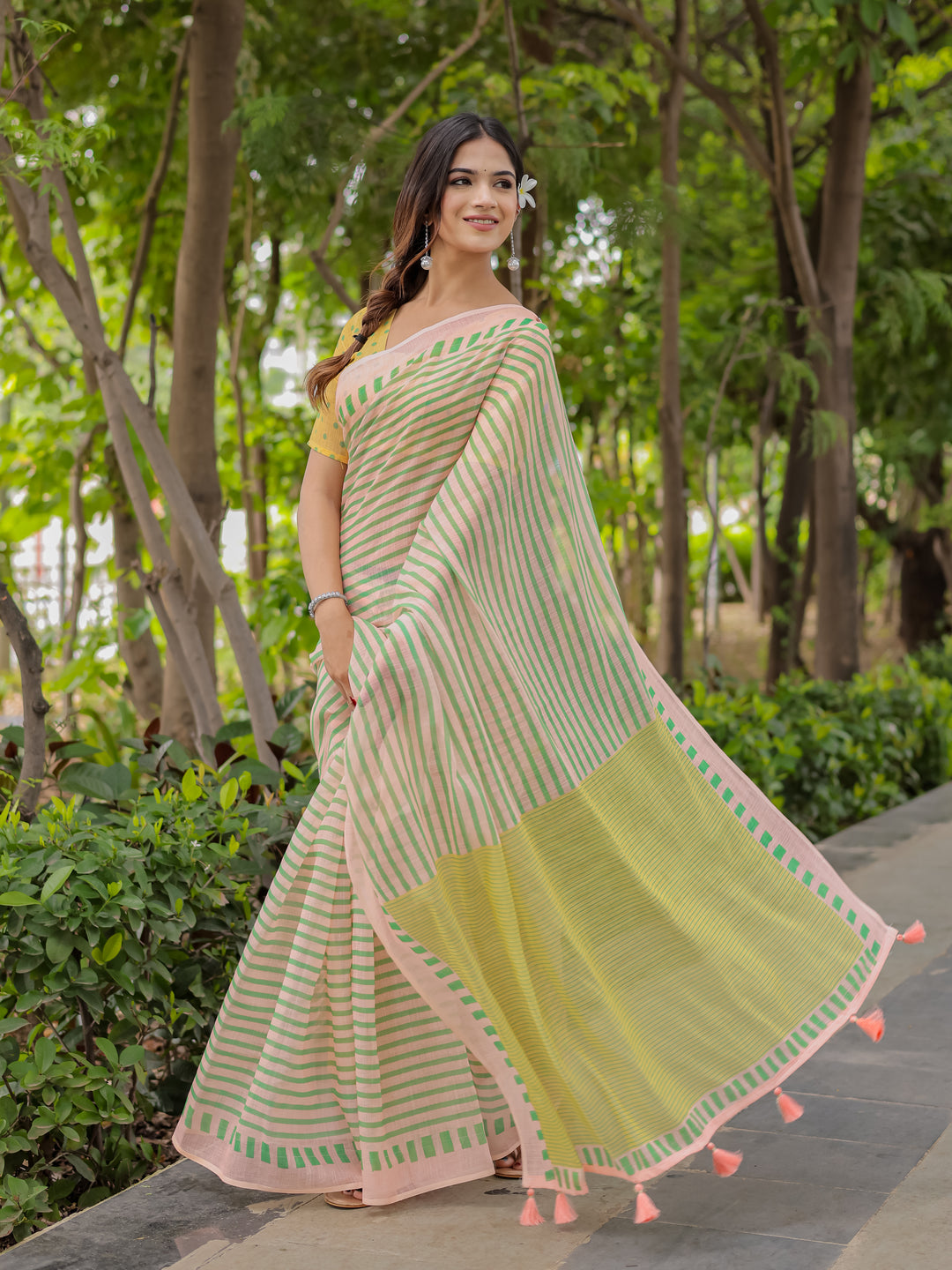 Pastel Pink Mul Cotton Striped Saree for Women with Green Border, Contrast Pallu & Tassels | Soft Breathable Daily Wear