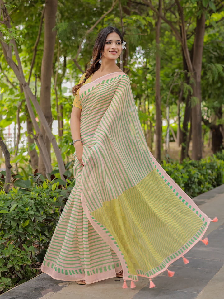 Pastel Pink Mul Cotton Striped Saree for Women with Green Border, Contrast Pallu & Tassels | Soft Breathable Daily Wear
