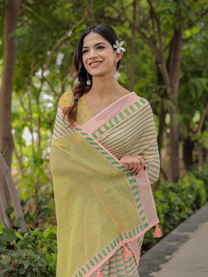 Pastel Pink Mul Cotton Striped Saree for Women with Green Border, Contrast Pallu & Tassels | Soft Breathable Daily Wear
