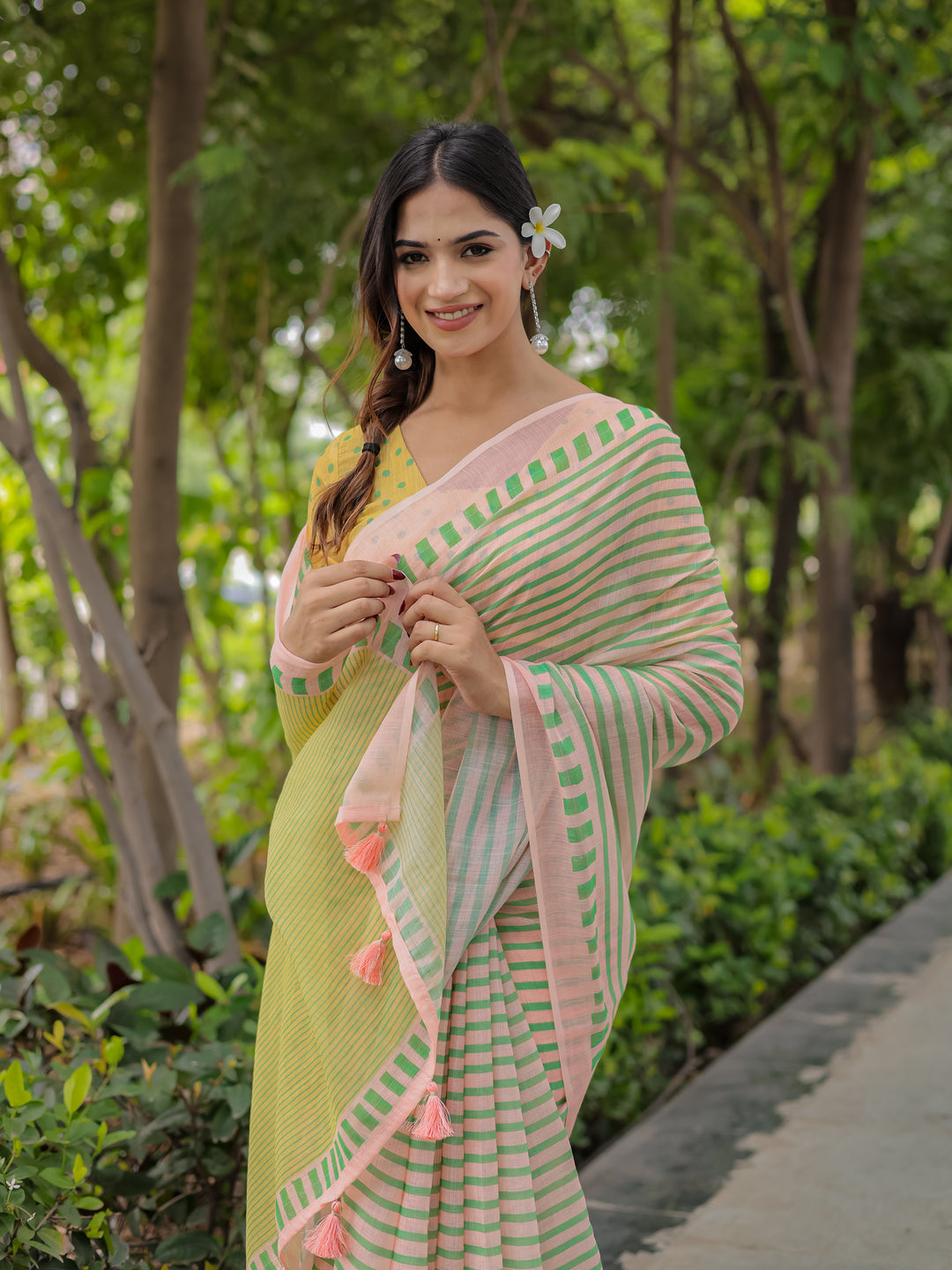 Pastel Pink Mul Cotton Striped Saree for Women with Green Border, Contrast Pallu & Tassels | Soft Breathable Daily Wear