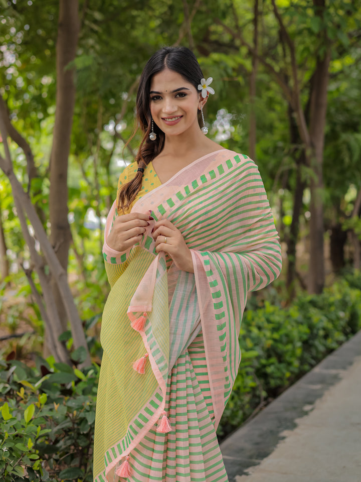 Pastel Pink Mul Cotton Striped Saree for Women with Green Border, Contrast Pallu & Tassels | Soft Breathable Daily Wear