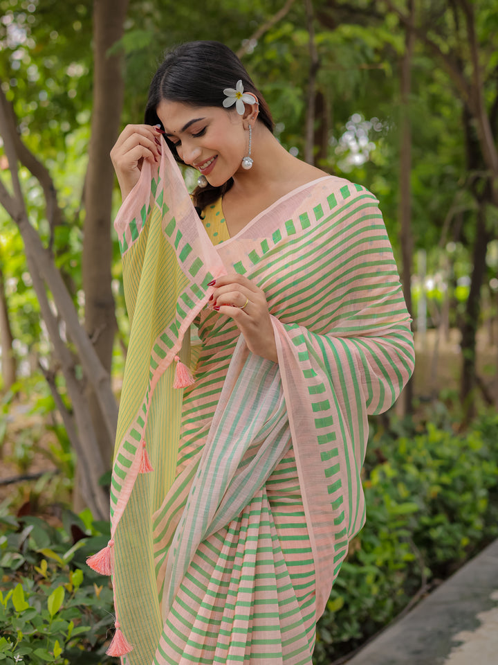 Pastel Pink Mul Cotton Striped Saree for Women with Green Border, Contrast Pallu & Tassels | Soft Breathable Daily Wear