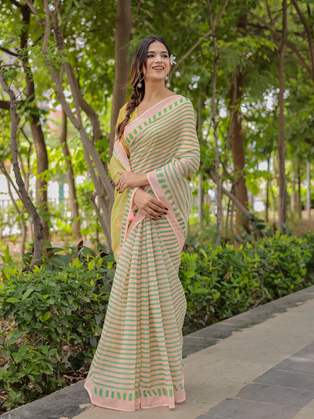 Pastel Pink Mul Cotton Striped Saree for Women with Green Border, Contrast Pallu & Tassels | Soft Breathable Daily Wear