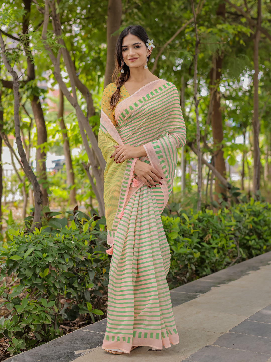 Pastel Pink Mul Cotton Striped Saree for Women with Green Border, Contrast Pallu & Tassels | Soft Breathable Daily Wear