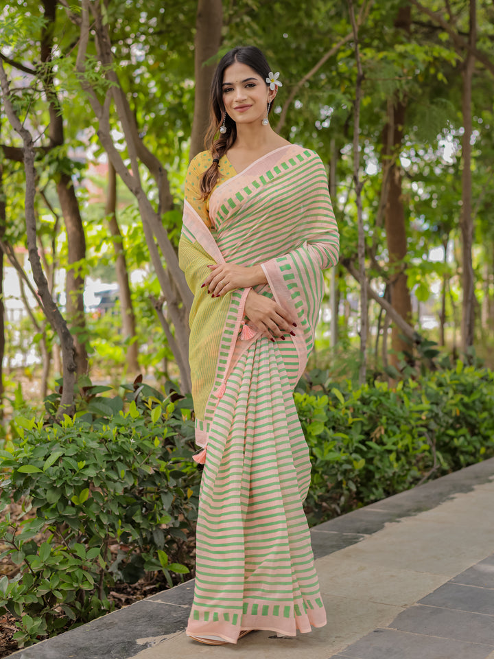 Pastel Pink Mul Cotton Striped Saree for Women with Green Border, Contrast Pallu & Tassels | Soft Breathable Daily Wear