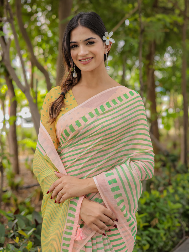 Pastel Pink Mul Cotton Striped Saree for Women with Green Border, Contrast Pallu & Tassels | Soft Breathable Daily Wear