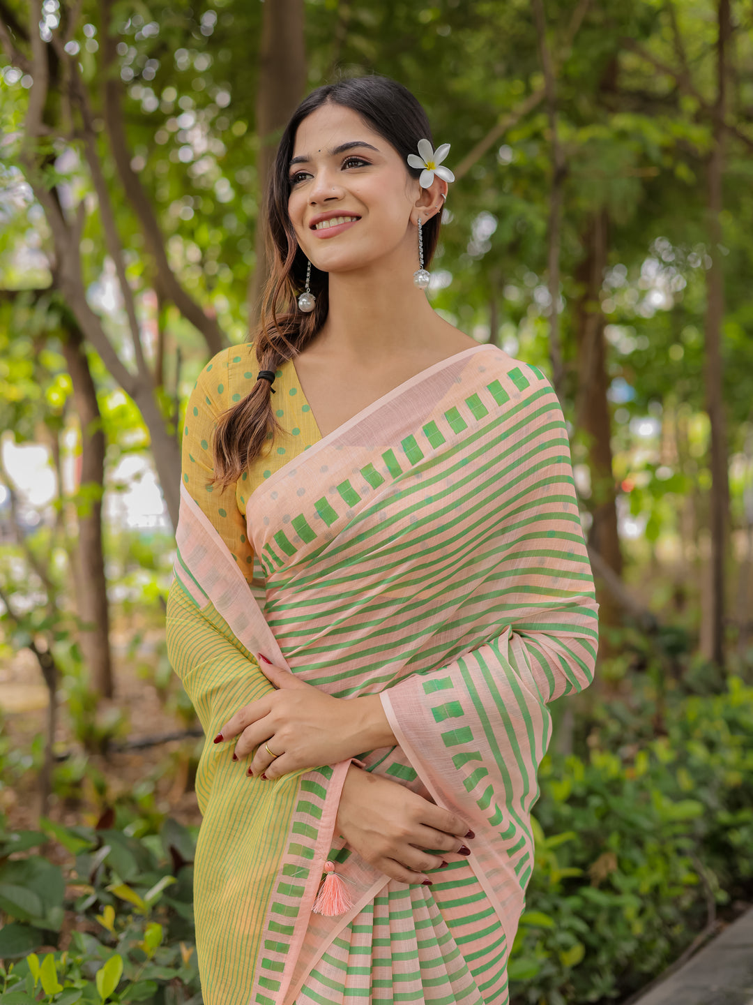 Pastel Pink Mul Cotton Striped Saree for Women with Green Border, Contrast Pallu & Tassels | Soft Breathable Daily Wear