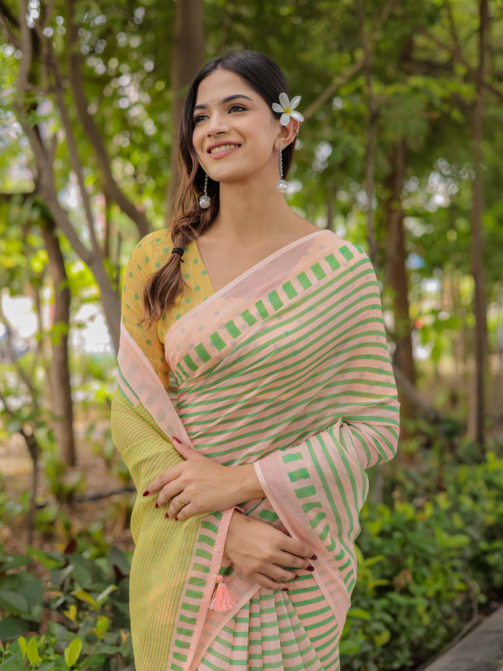 Pastel Pink Mul Cotton Striped Saree for Women with Green Border, Contrast Pallu & Tassels | Soft Breathable Daily Wear
