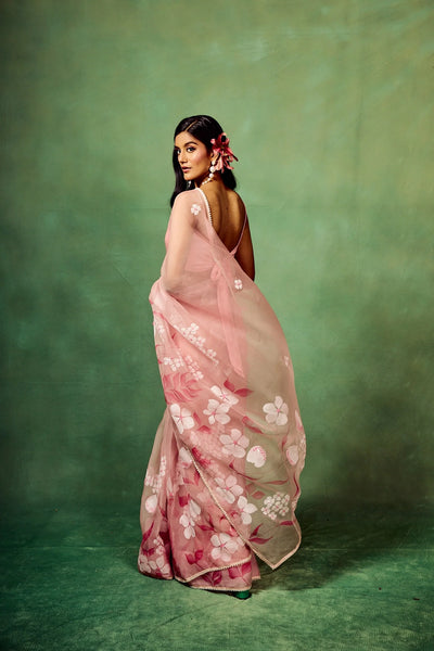 Rose Pink Pure Organza Saree with Hand-Painted Multi-Floral Motifs & Sequin Highlights | Satin Blouse