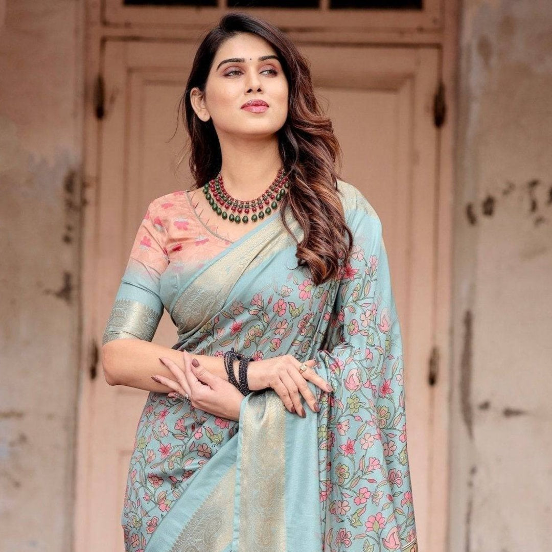 Powder Blue Tussar Silk Saree with Floral Kalamkari Print, Zari Border, Artistic Pallu & Tassels