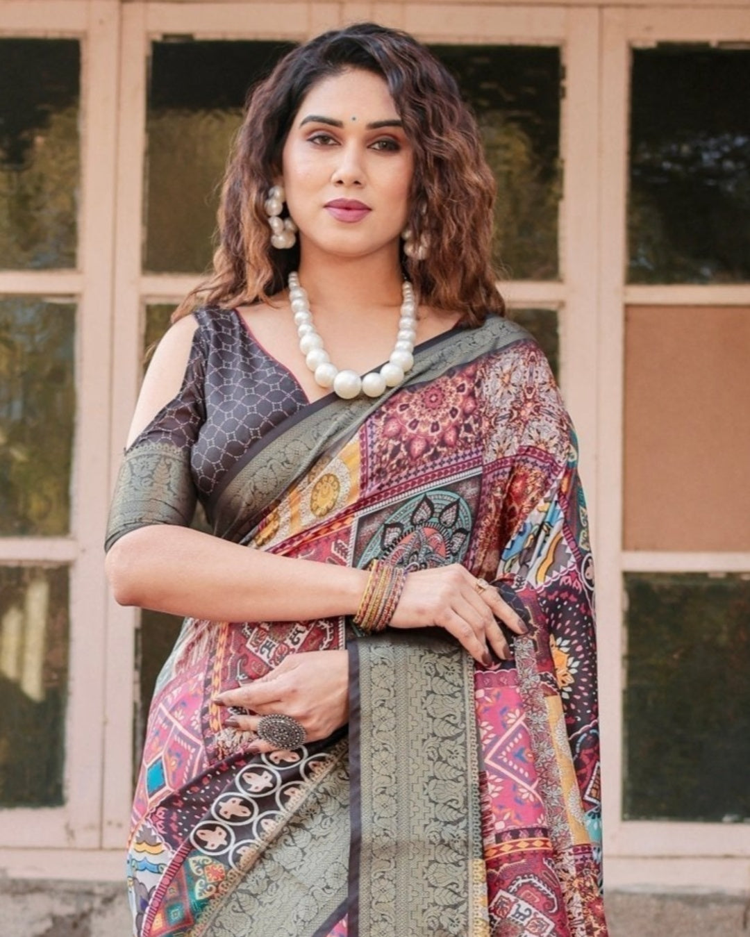 Multicolour Tussar Silk Saree with Patchwork-Inspired Print, Antique Zari Border & Tassels