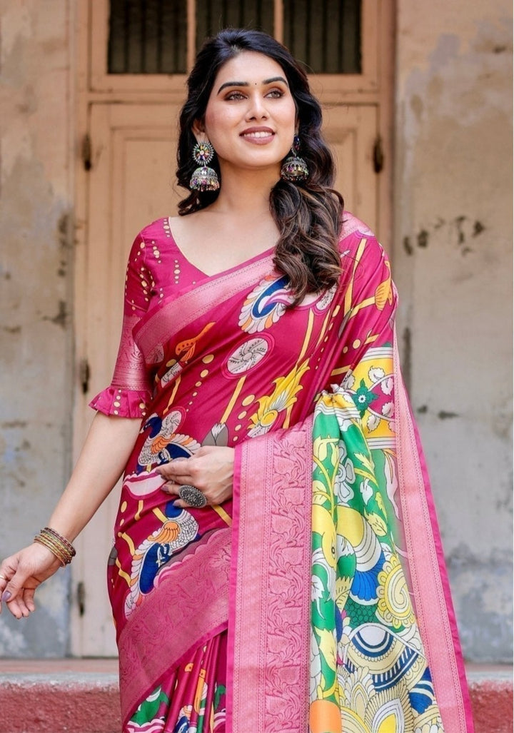 Rani Pink Tussar Silk Saree with Kalamkari Peacock Print, Zari Woven Border & Tassels