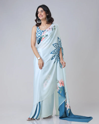 Icy Blue Designer Freehand Saree with Navy Starburst & Floral Print in Georgette Satin – Ready to Wear