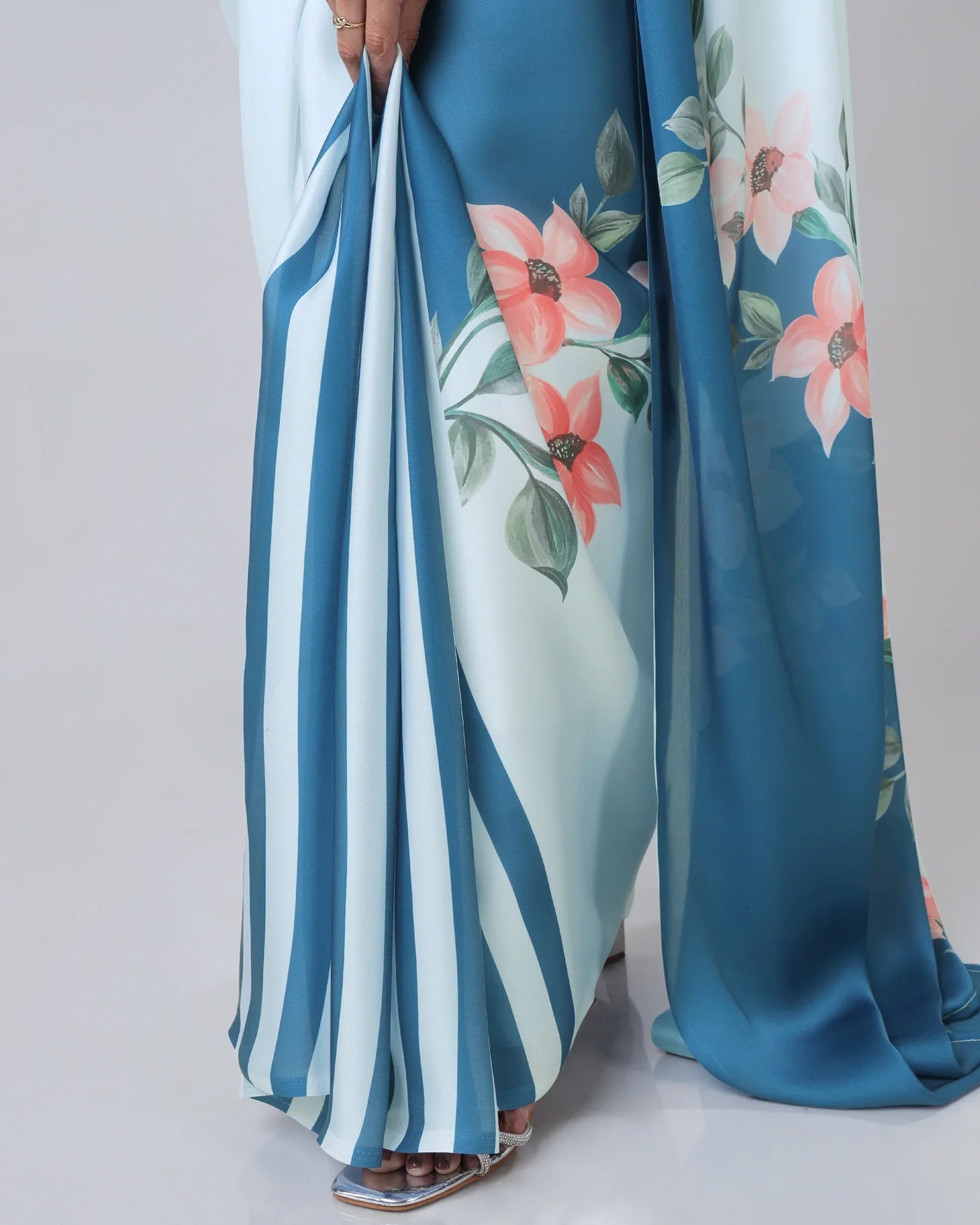 Icy Blue Designer Freehand Saree with Navy Starburst & Floral Print in Georgette Satin – Ready to Wear