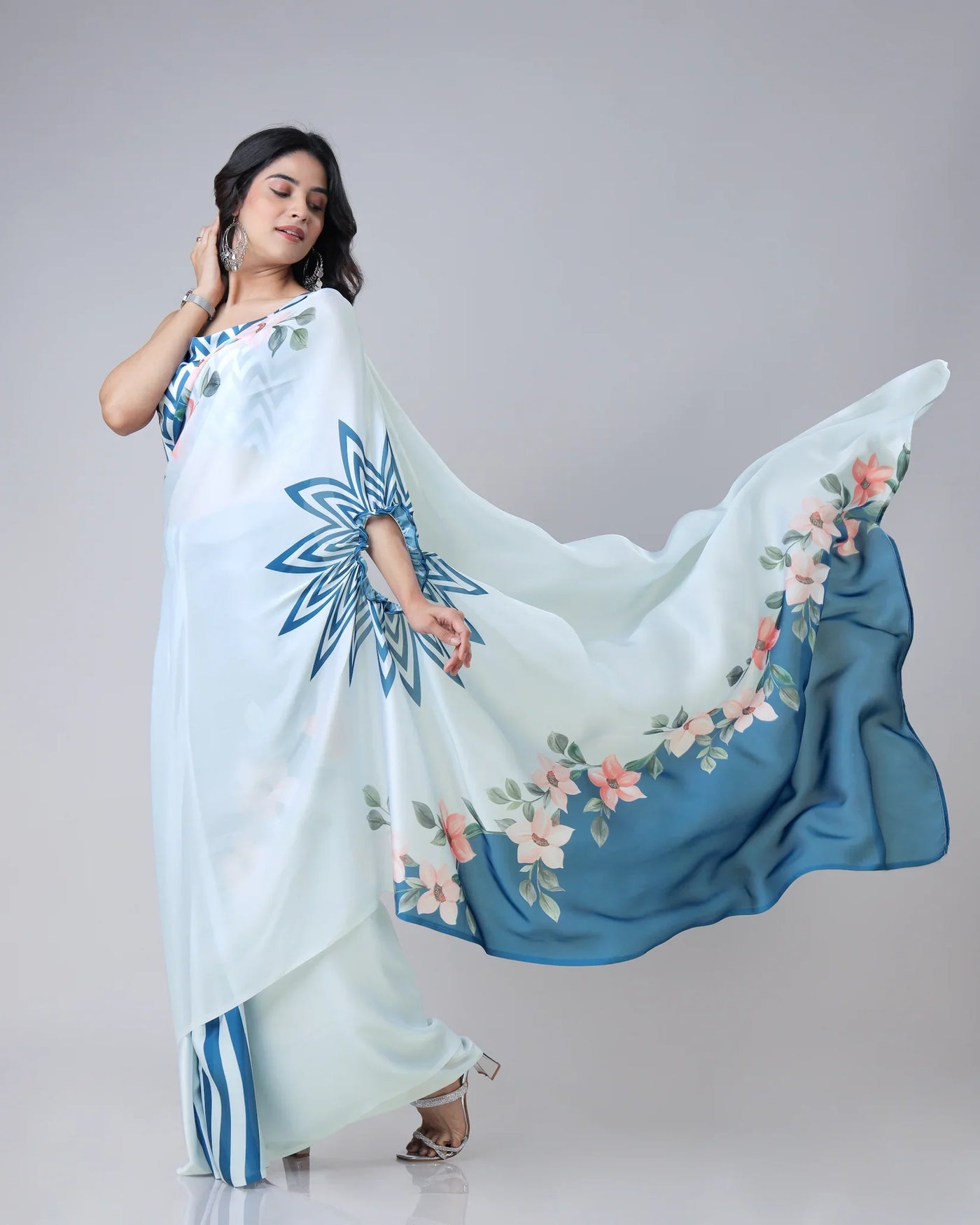 Icy Blue Designer Freehand Saree with Navy Starburst & Floral Print in Georgette Satin – Ready to Wear
