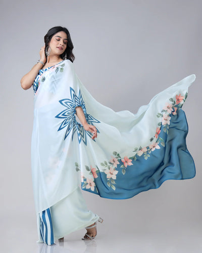 Icy Blue Designer Freehand Saree with Navy Starburst & Floral Print in Georgette Satin – Ready to Wear