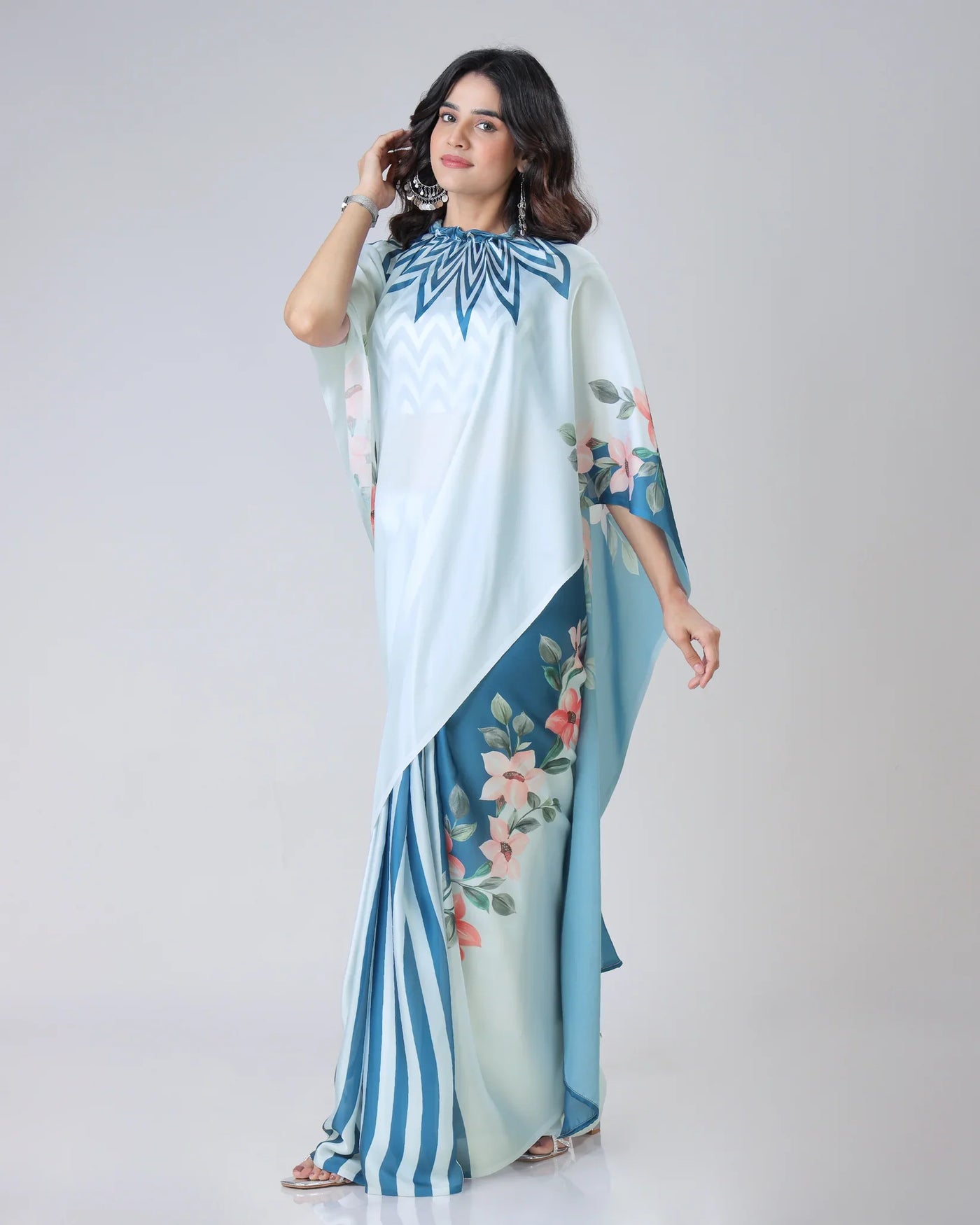 Icy Blue Designer Freehand Saree with Navy Starburst & Floral Print in Georgette Satin – Ready to Wear