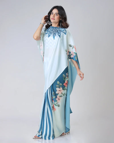 Icy Blue Designer Freehand Saree with Navy Starburst & Floral Print in Georgette Satin – Ready to Wear