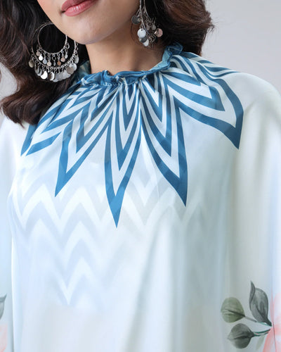 Icy Blue Designer Freehand Saree with Navy Starburst & Floral Print in Georgette Satin – Ready to Wear